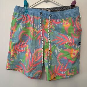 Party Pants Tropical Swim Trunks Men’s Blue Pink Green Elastic Waist Drawstring